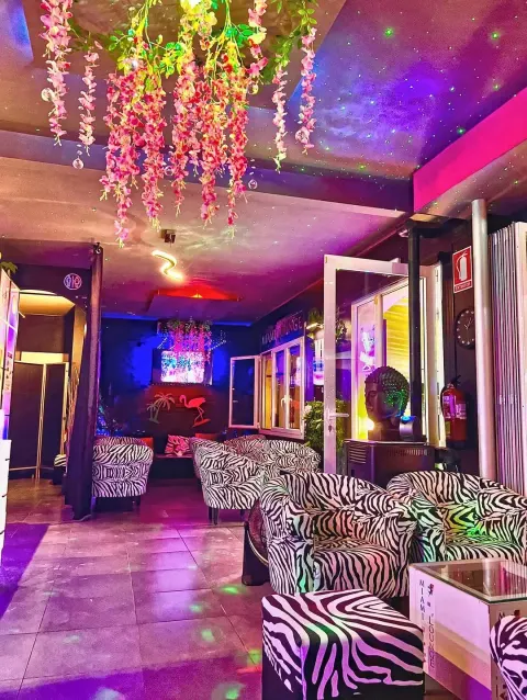 Interior nocturno con sofás de estampado cebra y neones morados