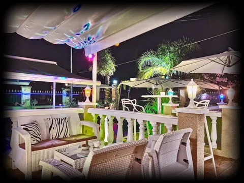 Terraza nocturna con sofás de estampado cebra, palmeras iluminadas y farolillos