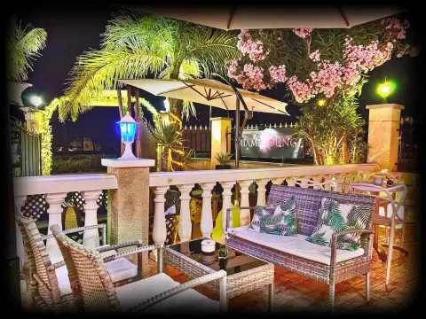 Terraza chill-out iluminada de noche con sofás y flores
